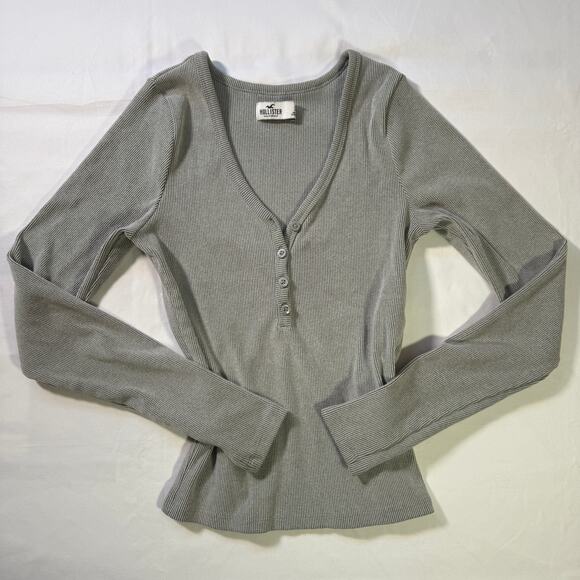 Hollister Gray Ribbed Henley Long Sleeve Stretchy Top Womens Small Fitted Casual - Picture 1 of 7